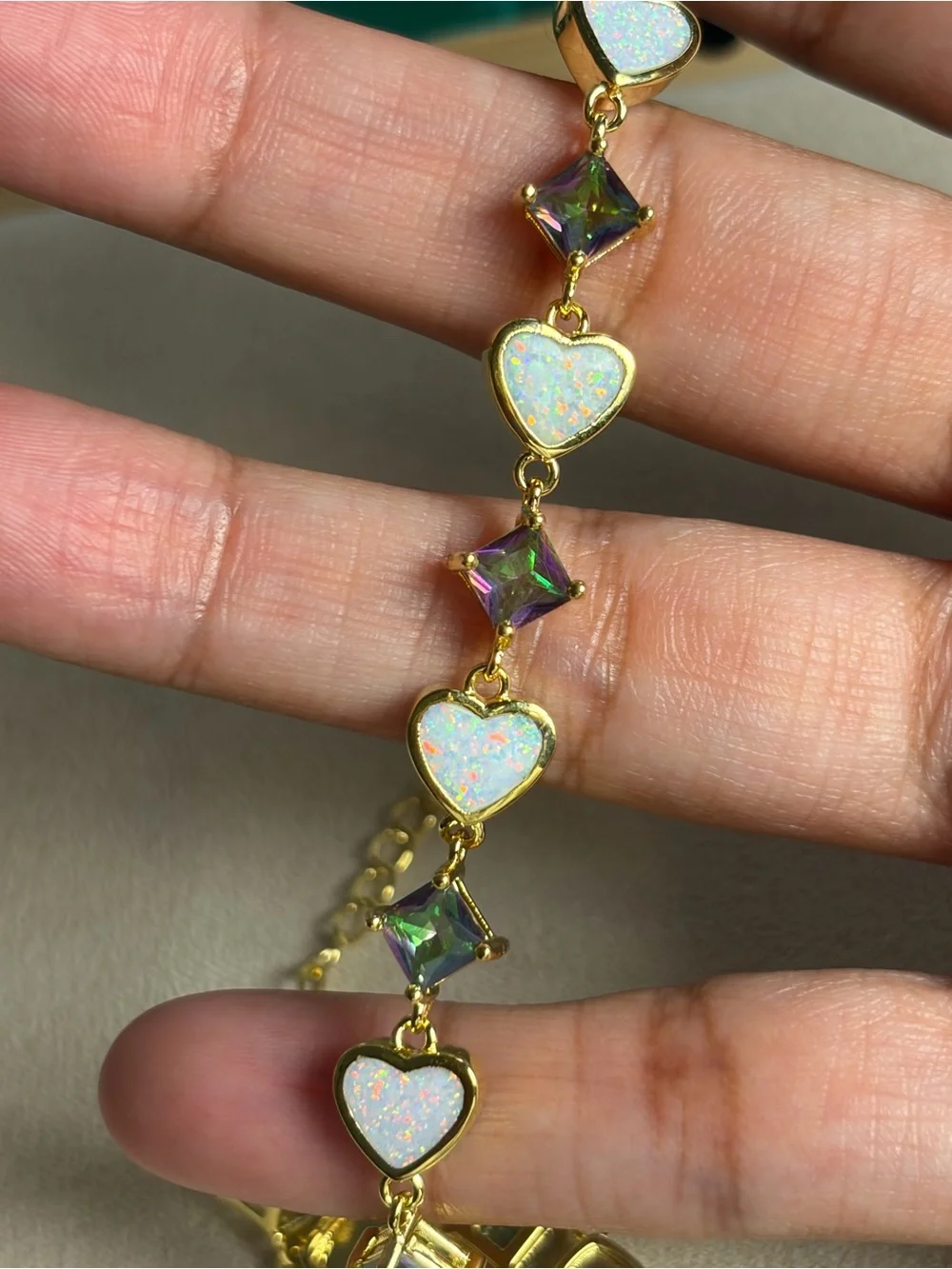 Gold-Tone Heart & Square Opal Bracelet in White Iridescent and Green